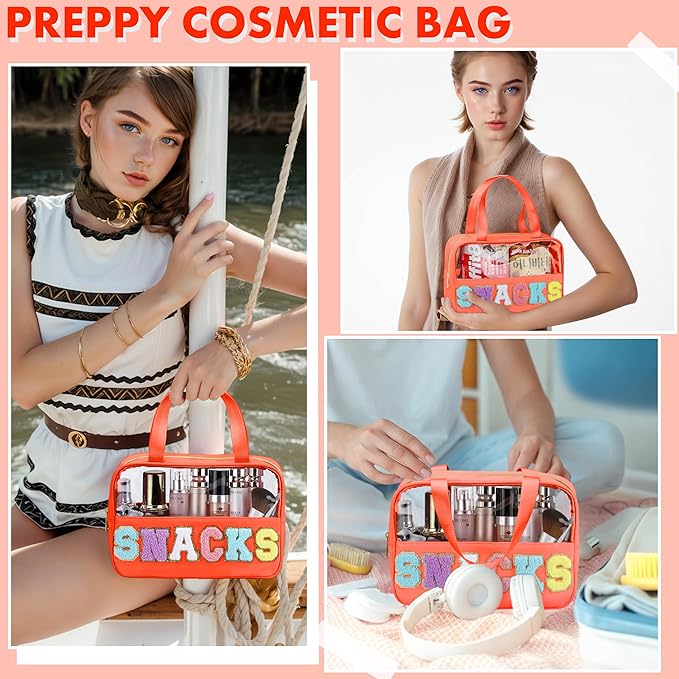 Snack Bag for Travel - Chenille Letter Clear Makeup Bag, Large Preppy Patch Snack Cosmetic Bag with Handle and Zipper, Cute Makeup Pouch Nylon&PVC Waterproof Toiletry Organizer Storage for Women Girls