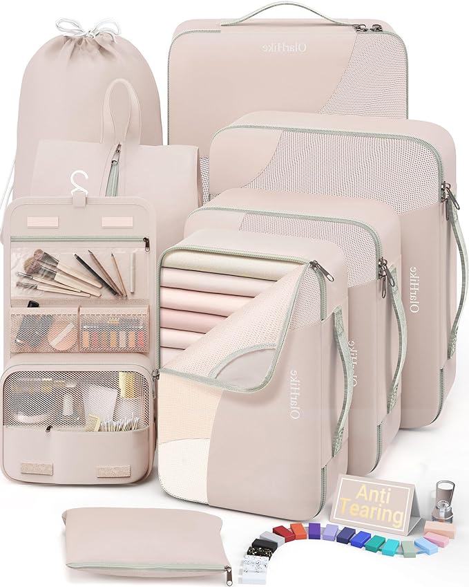 10 Set/8 Set Packing Cubes for Travel, Gifts for Women Mom,Anti-Tearing Suitcase Organizer for Luggage with Shoe & Hanging Toiletry Bag,OlarHike Vacation Essentials & Accessories for Cruise Ship,Cream