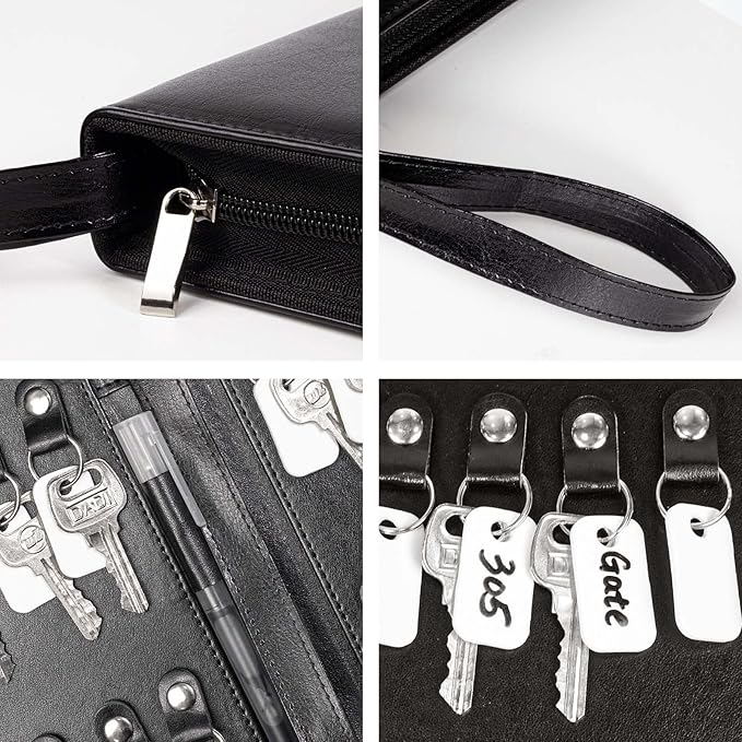 Portable Zippered Key Case, Leather Key Organizer with Handle, 32 Key Capacity, for Real Estate Sales, Hotel Executives, Car Service (Black)