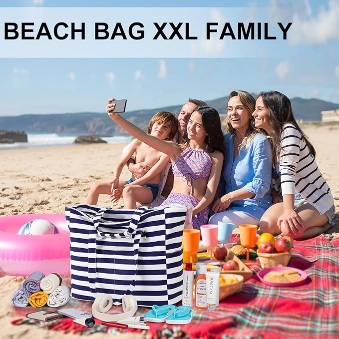 LEDAOU Beach Bag Waterproof Sandproof Women Tote Bag Pool Bag with Zipper for Gym Grocery Travel with Wet Pocket