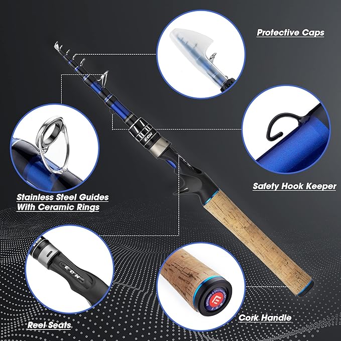 EOW XPEDITE PRO Portable Telescopic Casting and Spinning Fishing Rods, 24T Carbon Blanks & Solid Carbon Tip, Cork Handle, Travel Rod, Short Collapsible Rods