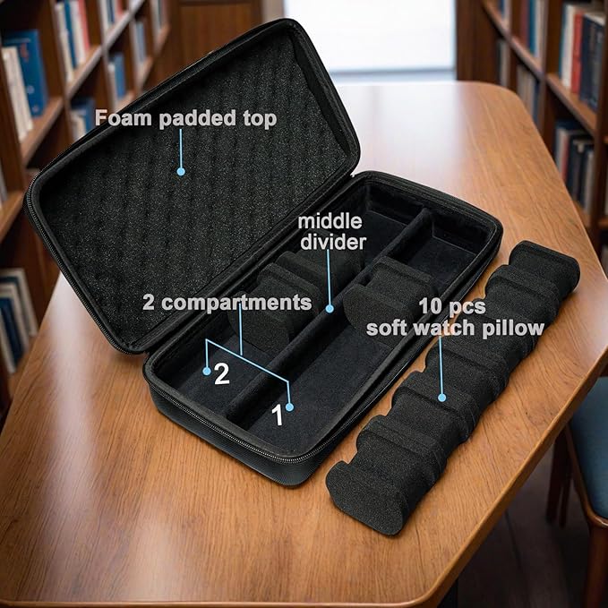 10 slots watch travel case, Hard Portable watch carry storage organizer box, fit watches up to 55mm face