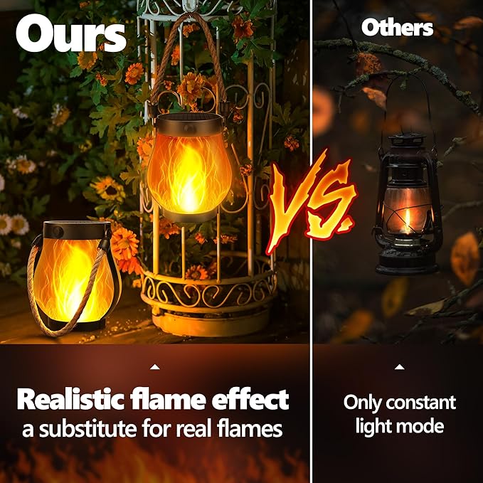 Solar Flame Lantern Hanging Outdoor Waterproof Purple - 2 Pack Flame Lanterns with Dual Charging Modes of Solar & USB for Garden or Yard Christmas Decorations (Warm White - 2 Pack)