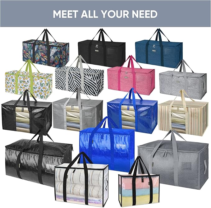 BALEINE 8-Pack Oversized Moving Bags with Reinforced Handles, Heavy-Duty Storage Tote for Clothes, Moving Supplies (Color Stripe with Window, 8-Pack)
