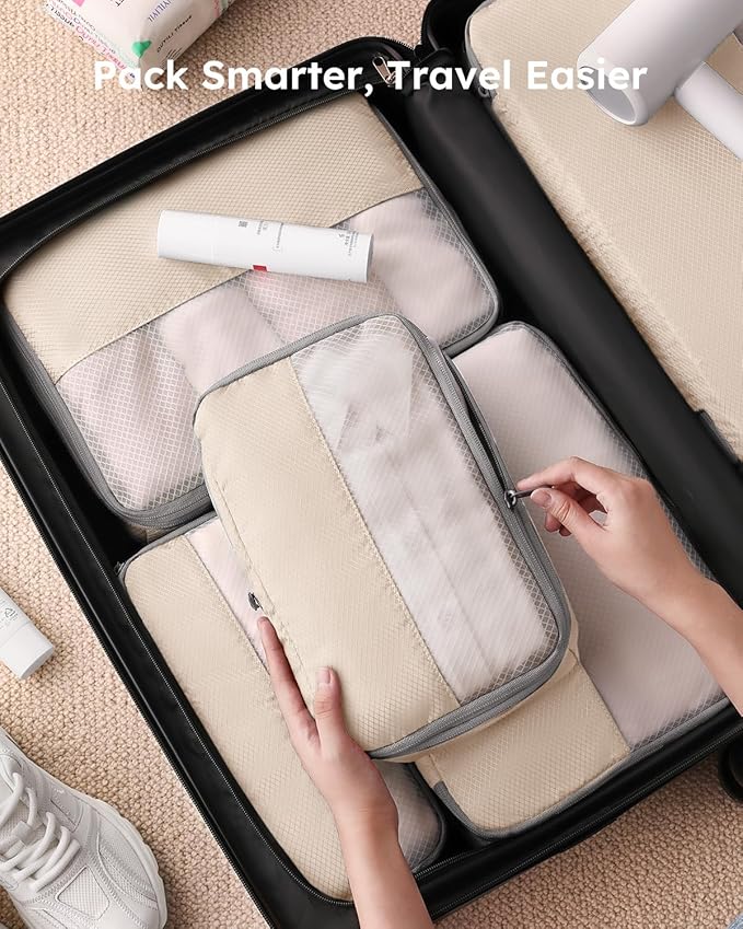 6 Set Compression Packing Cubes for Travel, Bonus Versatile Drawstring Backpack, Lightweight Luggage Organizer Bags, Sturdy Travel Accessories for Suitcase, Beige