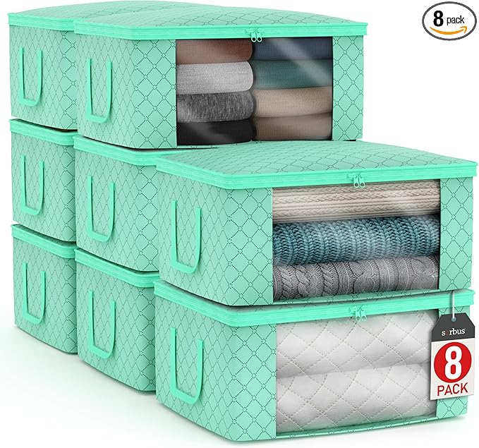 Sorbus Medium Clothes Storage Bags - Foldable Blanket Storage Bins for Organizing Bedroom, Closet, Clothing, Comforter, Organization with Clear Window, Lids and Carry Handles - Set of 8