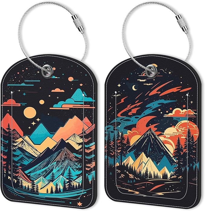 2 PCS Leather Luggage Tags for Suitcase Colorful Bright Mountain Travel Luggage Tag with Privacy Flap Name ID Label and Metal Loop for Travel Bag Suitcase