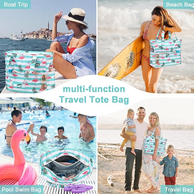 LEDAOU Beach Bag Waterproof Sandproof Women Tote Bag Pool Bag with Zipper for Gym Grocery Travel with Wet Pocket