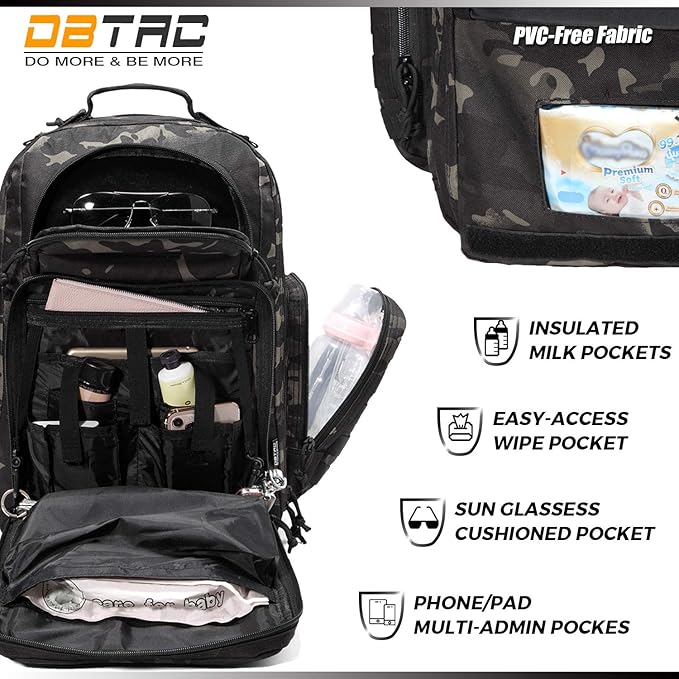 Diaper Bag Backpack for Dad, DBTAC Large Baby Nappy Bag for Men w/Changing Mat, Insulated+Wipe Pockets, Stroller Straps, Black Camo