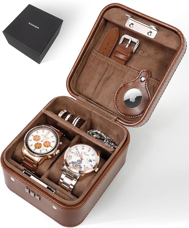 KAMIER Watch Travel Case with Combination Lock - 2 Watch Storage and Jewelry Organizer - Watch Case for Ring and Watch Storage, PU Leather Travel Watch Case, Ideal for Gift (With Gift Box) (Brown)