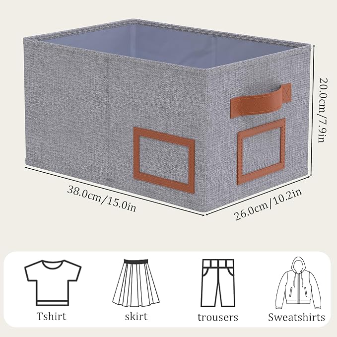 OUTBROS Foldable Storage Box for Shelves, 15 x 10.2 x 7.9 inch Fabric Baskets, Wardrobe Organiser with Handles, Suitable for Storing Clothes, Books, Cosmetics (Gray, 3-Pack)