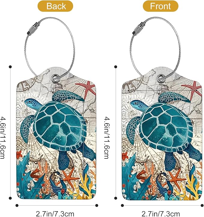 2Pack Luggage Tags for Suitcases, Cute Unique Pu Leather Cruise Luggage Tag with Privacy Cover ID Label Address Card and Metal Ring Suitable for Women Men Kids Travel Bag Retro Map Turtle