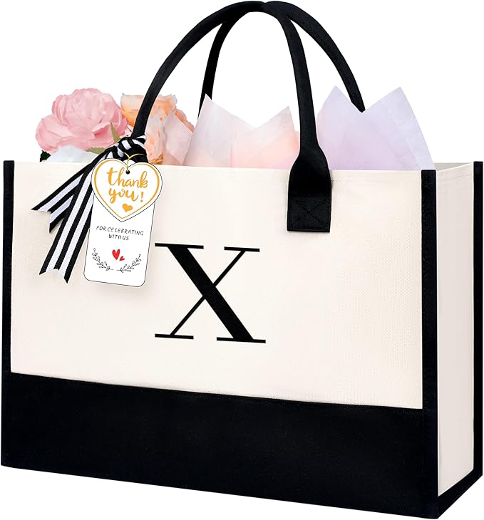 BAGAIL Initial Tote Bag, Personalized Birthday Gifts for Women, Teacher, Friends, Mom, Wedding, Monogrammed Beach Bag