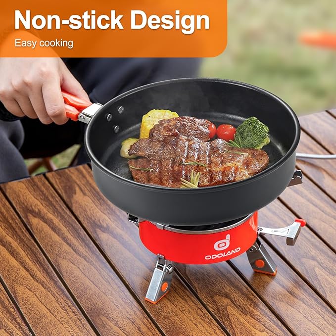 Odoland Camping Cookware Mess Kit, Non-Stick Lightweight Camping Pot and Fry Pan Set with Mesh Bag for Backpacking, Outdoor Cooking and Picnic