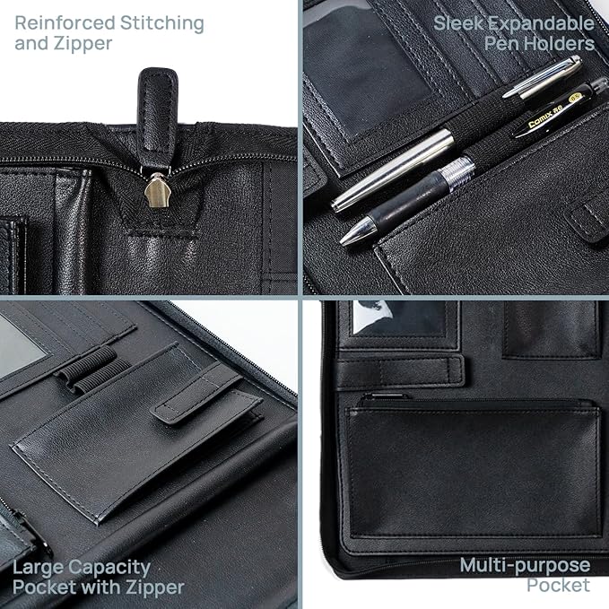 POPRUN Portfolio Binder with Zipper, Leather Padfolio Document Organizer with Storage, Professional Business Briefcase ideal for Meeting Presentation Work-Includes 50 Sheet Writing Pad, Black