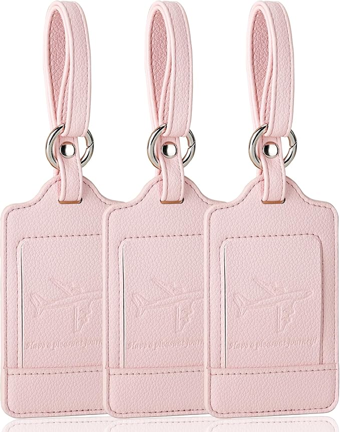 Teskyer Luggage Tags, 3 Pack Premium PU Leather Luggage Tags for Suitcases, Privacy Protection Travel Bag Tags, Lichee Light Pink