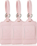 Teskyer Luggage Tags, 3 Pack Premium PU Leather Luggage Tags for Suitcases, Privacy Protection Travel Bag Tags, Lichee Light Pink