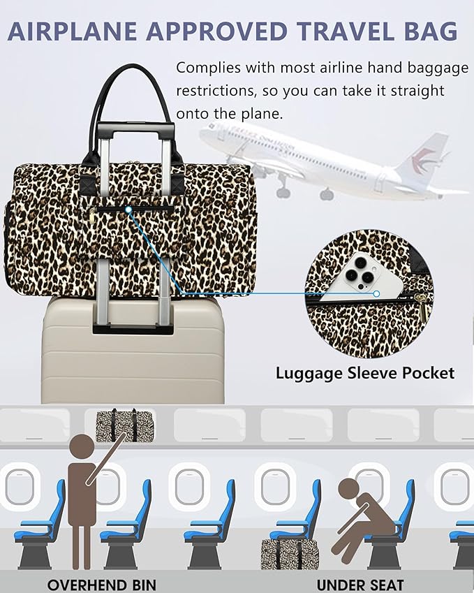 Women Duffle Weekender Travel Bag: Large Duffel Bags with Shoe Compartment Carry On Overnight Tote Bag with Wet Pocket Toiletry Bag Traveling Weekend Gym Yoga Hospital Bags for Womens Brown Leopard