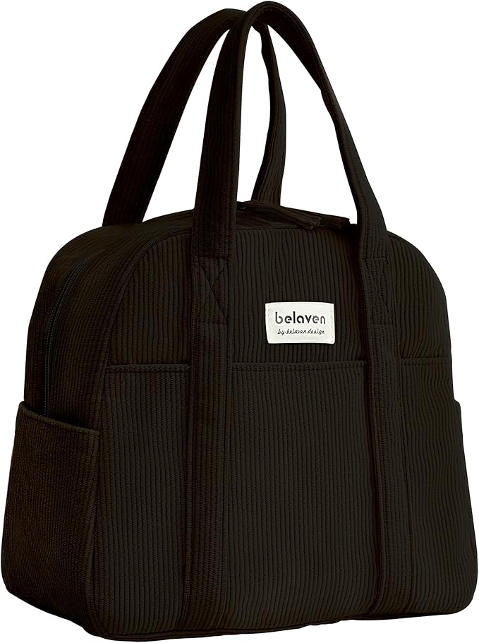 Insulated Lunch Bag for Women, 6-Hour Cold Retention Cooler Tote with Sturdy Handle, 15-Can Spacious Capacity, Leakproof Corduroy Fabric & Aluminum Foil Lining, (Black)