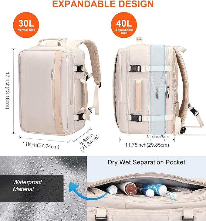 PIJUSHI Travel Backpack for Women Expandable Carry on Luggage Backpack Airline Approved Personal Item Laptop Bag(PE034 Classic Beige)