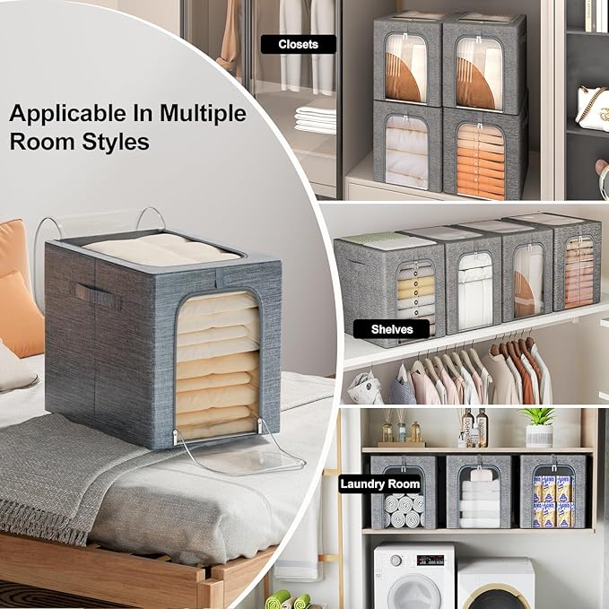 GoMaihe Clothes Storage Bins Metal Frame: 55L Extra Large Stackable Closet Storage Bin with Lid & Clear Window, Heavy Duty Blanket Box for Winter Coats Comforters (Fits Deep Closet 4-Pack)