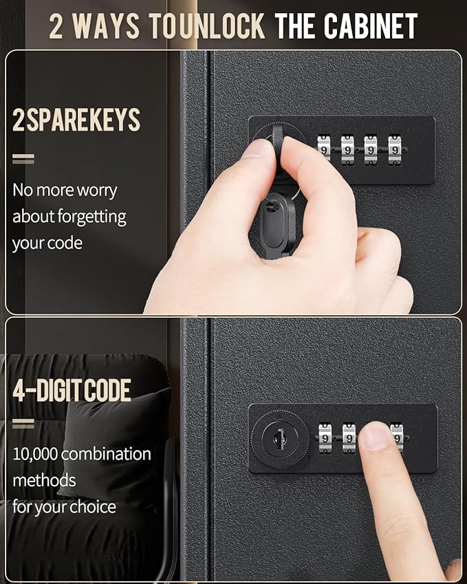 Uniclife 60 Position Key Cabinet Steel Security Storage Box with Combination & Key Lock, Resettable, Digital, Adjustable Racks, Colorful Labels & Hooks