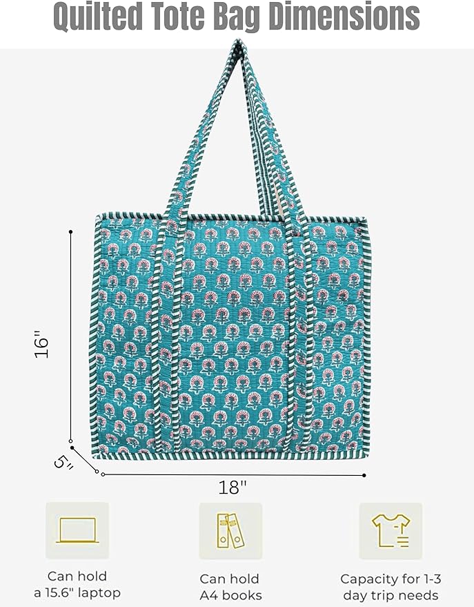 Cotton Quilted Tote Bag for Women – Large Beach & Travel Tote with Zipper, Reusable Grocery Bag