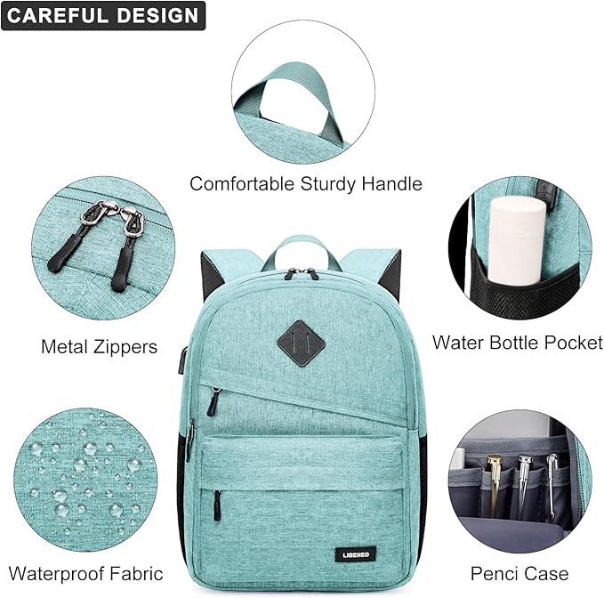 School Backpack for Teen Girls and Boys, Bookbag for College with USB Charging Port, 15.6 Inch Laptop Bag Middle School Back Pack, Teal