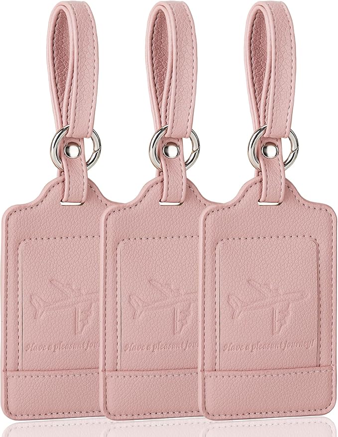 Teskyer Luggage Tags, 3 Pack Premium PU Leather Luggage Tags for Suitcases, Privacy Protection Travel Bag Tags, Lichee Dark Pink