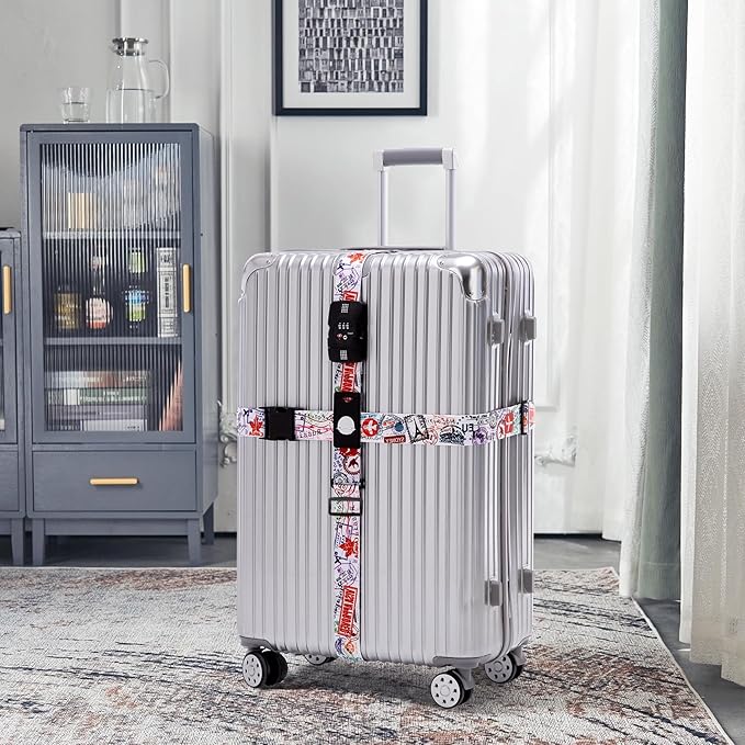 Travelkin Luggage Straps TSA Approved - Adjustable Cross Suitcase Straps with TSA Lock, Reinforced Buckle, Unique Pattern - Secure Heavy Duty Luggage Straps for Travel (Journey)