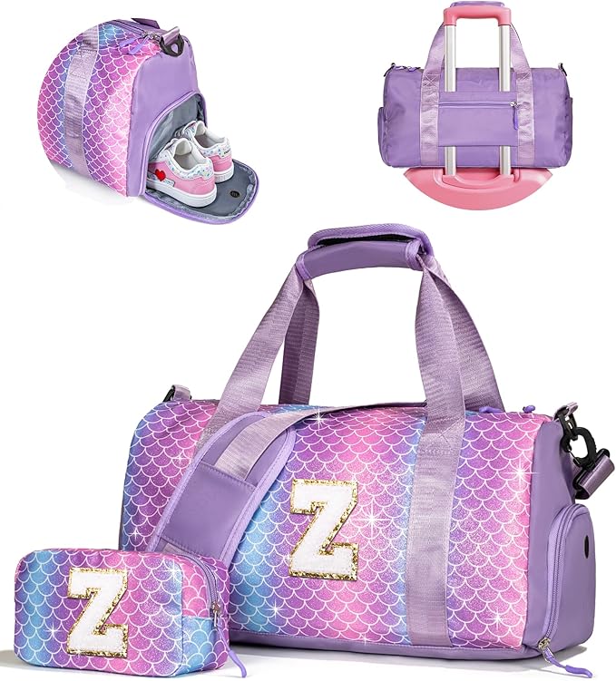 Birthday Gift for Granddaughter-Girl Gym Bag with Shoe Compartment, Kid Personalized Weekender Overnight Bags, Initial Travel Tote with Makeup Pouch, Christmas Gifts for Girls (Letter Z)