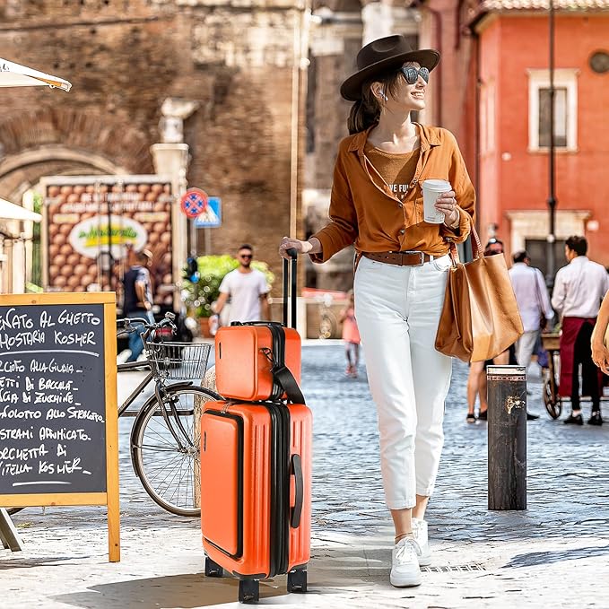 22 Inch Carry On Luggage 22x14x9 Airline Approved, Carry On Suitcase with Wheels, Hard-shell Carry-on Luggage, Durable Luggage Carry-On, Orange Small Suitcase with Cosmetic CaseBag