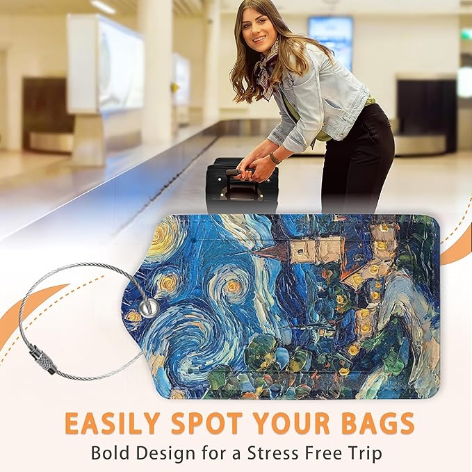 Starry Night Swirl 3 Pack PU Leahter Luggage Tag with Stainless Steel Loop, Retro Style Starry Village Travel Suitcase Labels with Privacy Cover ID Label Quickly Spot for Bags