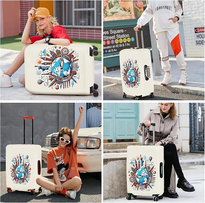 ANNA QUEEN Travel Around the World Luggage Cover, Colorful Landmark Suitcase Protector with Airplane & Globe Design, Stretchable, Washable Travel Sleeve for 32-34 Inch Luggage