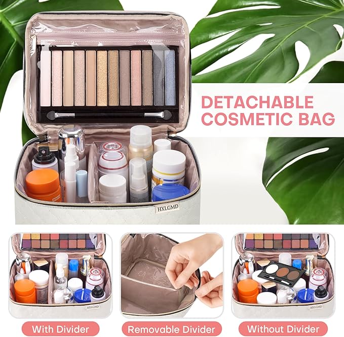 Large Makeup Bag with Mirror Double Layer Travel Make Up Organizer Case, Large Capacity Coemetic with Brush Slot Divider, Travel Toiletry Bag for Women - White/Beige