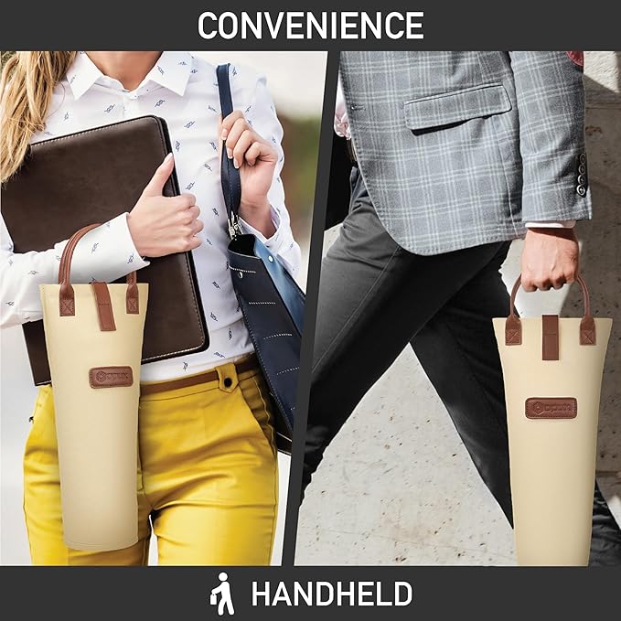 opux Wine Bag Single Bottle Carrier Tote, Insulated Travel Wine Cooler Bag for Picnic Beach Gift, Thermal Padded Portable One Bottle Holder Carrying Case for Women Men Wine Lovers, Cream Beige