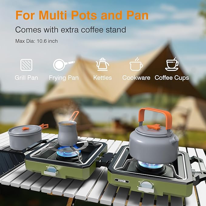 ODSD 2 Burner Camping Stove with Windshield, 20000 BTU Propane Camp Stove, Portable Folding Gas Stove, Camping Essentials Gears Includes Frying Pan, Coffee Stand & Carry Bag, Green