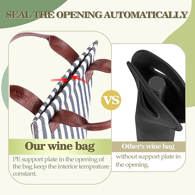 Tirrinia Single Wine Gift Tote Bag, Insulated Padded Thermal Wine Bottle Carrying Cooler Carrier for Travel, Picnic, Great Gift for Wine Lover, Blue Stripe