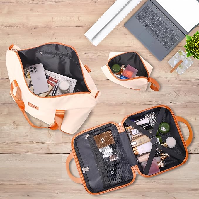 Hoteel 4 Piece Luggage Set (4-YEAR WARRANTY) with Spinner Wheels & TSA Lock, Carry on Luggage Hardshell ABS+PC, Travel Collection Suitcases Sets, Beige(13/20",Travel Bag,Cosmetic Bag)
