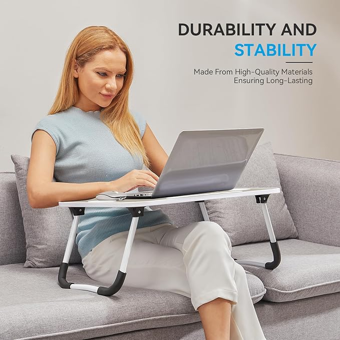 BUYIFY Folding Lap Desk, 23 Inch Portable Wood Brown Laptop Bed Desk Lap Desk with Cup Holder, for Working Reading Writing, Eating, Watching Movies for Bed Sofa Couch Floor