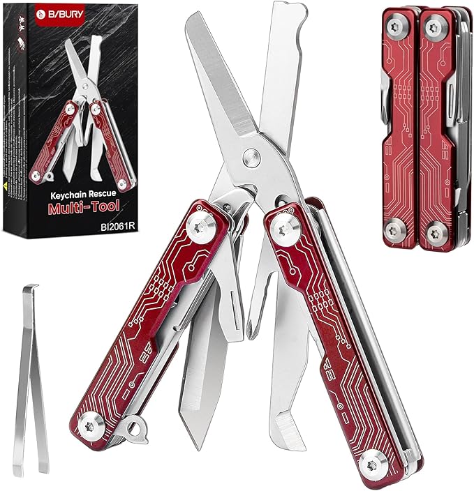 BIBURY Mini Keychain Multitool Scissors BI2061R, 9 in 1 Multitool EDC Scissors with Screwdriver, Bottle Opener, Pocket Knife, Spring -Mini Multi Tool for Outdoor, Daily Use, Gifts for Men and Women