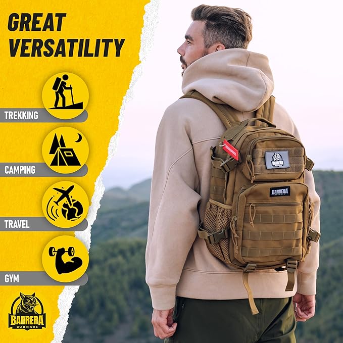 25 L Tactical Backpack: durable military-style backpack with MOLLE system for everyday use, travel, gym, hiking, fishing, camping, and outdoor sports.(COYOTE BROWN 25L)