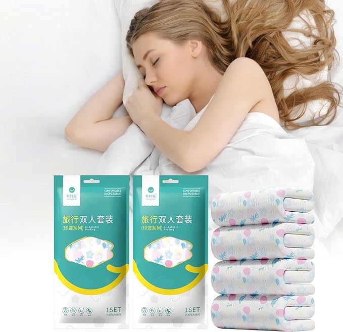 YOUNGTIME Disposable Sheets for Travel,Portable Bedspread Disposable Bedding Set with 2 Bed Sheets 2 Quilt Cover and 4 Pillowcases for Hotel & Trips,Strawberry,2 Pack