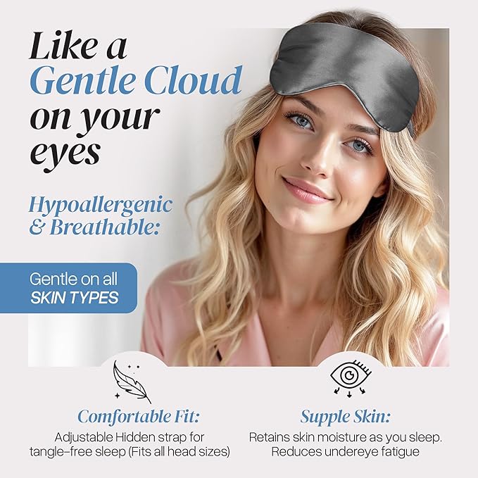 Silk Sleep Mask - Luxurious 100% Pure Mulberry Silk Eye Mask for Restful Sleep and Travel, Hypoallergenic, Cooling, Total Blackout, Adjustable for Women & Men (Charcoal Grey)