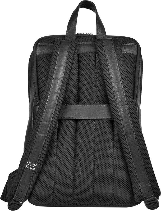 LEATHER VILLAGE Leather Laptop Backpack for Men |Black | Slim Professional Business Bag Fits 15.6”-Laptop | Water-Repellent Work & Travel Daypack with Trolley Strap