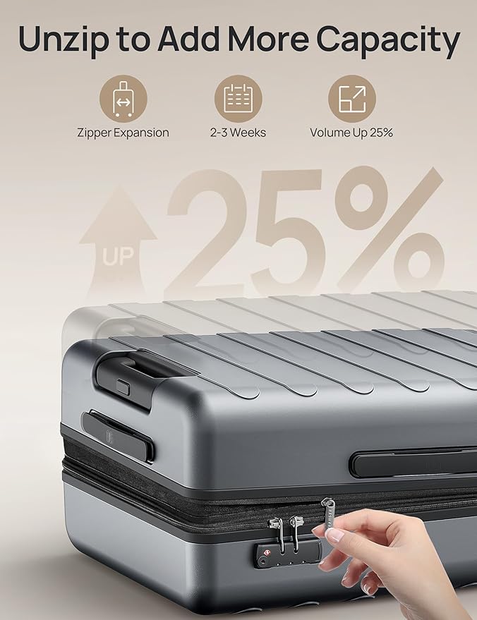 Carry on Luggage 22 X 14 X 9 Airline Approved, 20 Inch Luggage for 3-5 Days Travel, Double Spinner Wheels, 100% Hardshell PC, TSA Lock (00-Grey (Expandable), Set 2PCS (20-Inch/28-Inch))