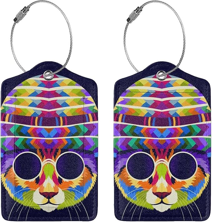 Artistic Cat with Glasses Leather Luggage Tags, 2 Pack, Multicolor, 4.6 X 2.7 Inch, Waterproof, Privacy Flap