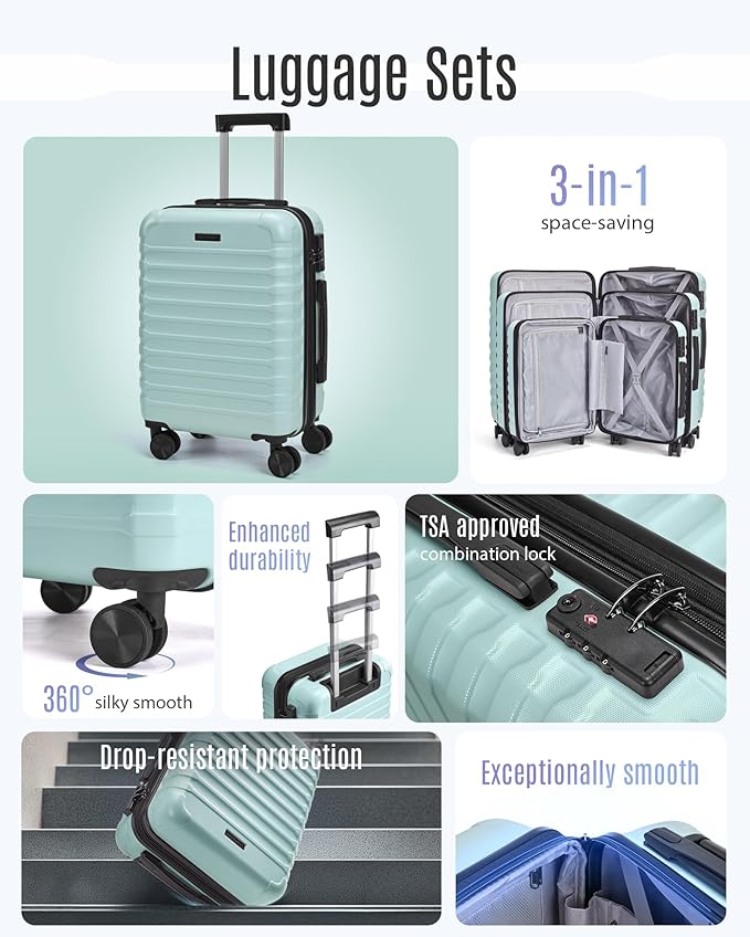 LIGHT FLIGHT Luggage Sets, 3 Piece Durable Suitcase Set with Spinner Wheels, 3 Pcs Hardside Lightweight luggage with TSA Lock, Large Checked Travel Suitcases, 20/24/28 Inch,Mint Green