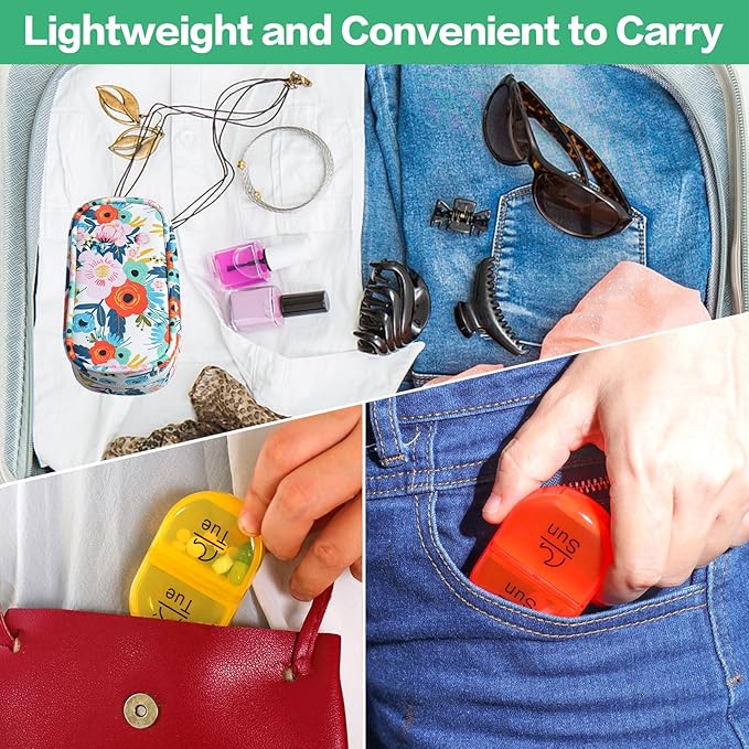 Serfeymi Weekly Travel Pill Organizer 2 Times A Day AM PM Upgraded Rainbow Pill Box 7 Day with Portable Zipper PU Leather Pill Case, Medicine Organizer for Pills, Vitamins, Fish Oils - Floral 03