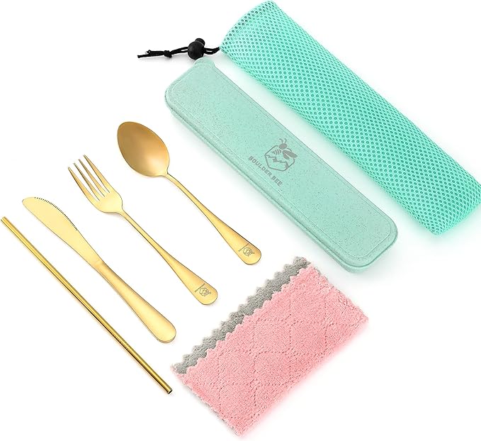 Boulder Bee | Travel Utensils Set | Reusable Camping Cutlery Set | Stainless Steel Flatware Set | Portable Silverware Set with Case | Includes Knife/Fork/Spoon/Straw/Cleaning Cloth/Case (Gold)